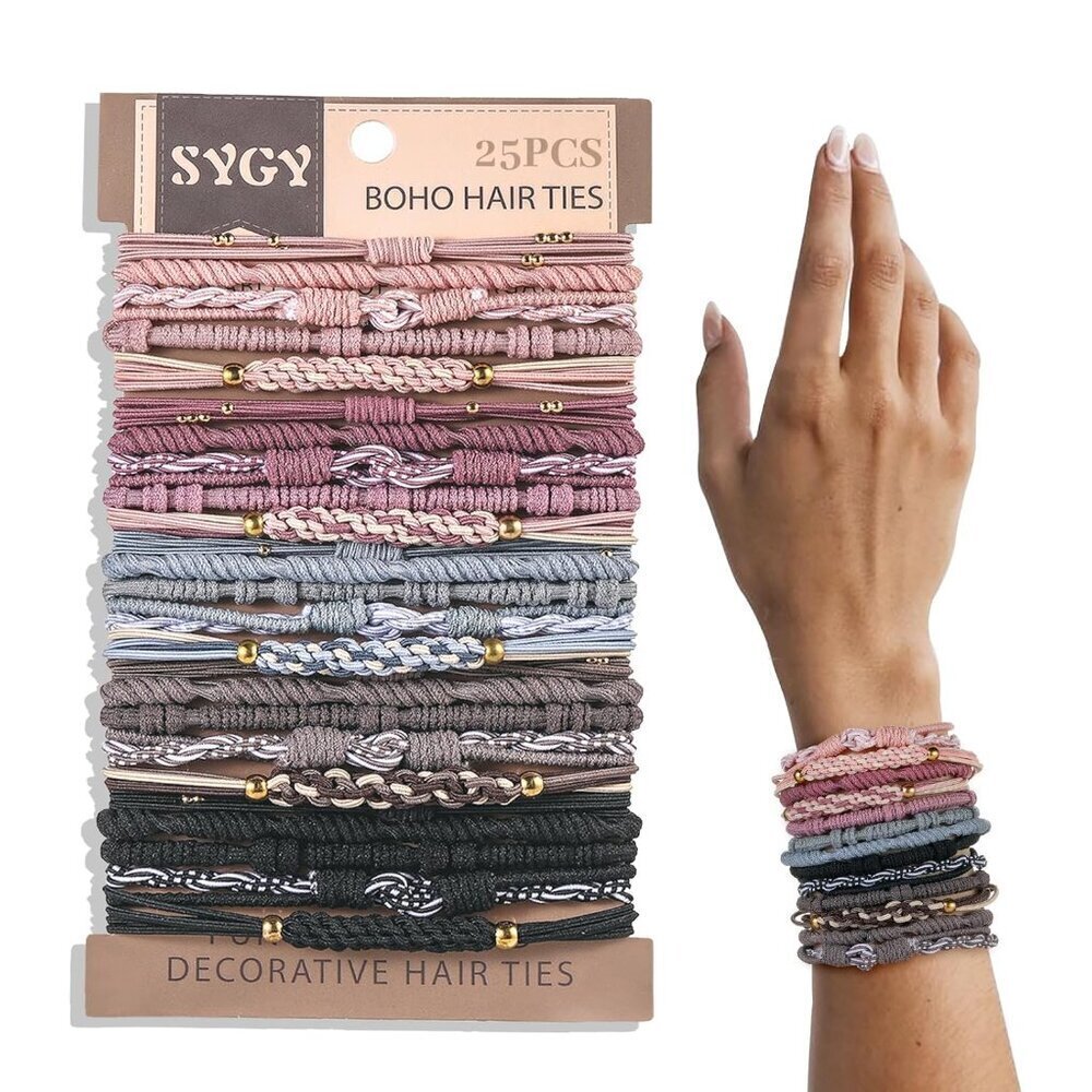Boho Hair Ties 25 Pack - 5 Styles for Thick & Thin Hair